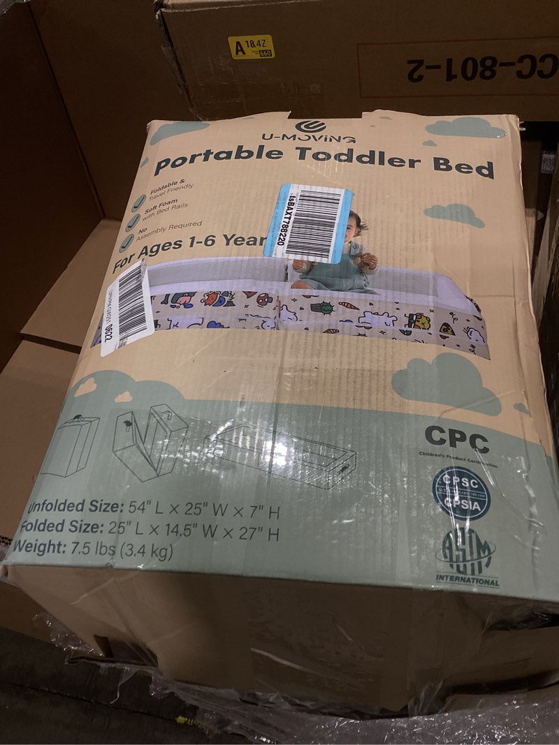 Condition photo showing As Is for portable foldable toddler travel bed – air layer fabric soft foam floor crib with safety rails, no assembly, washable cover, compact kids sleep solution for home, trips & daycare, cream