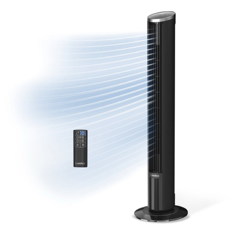 lasko 42\" dc tower fan oscillating, 12-speed, remote, timer, black