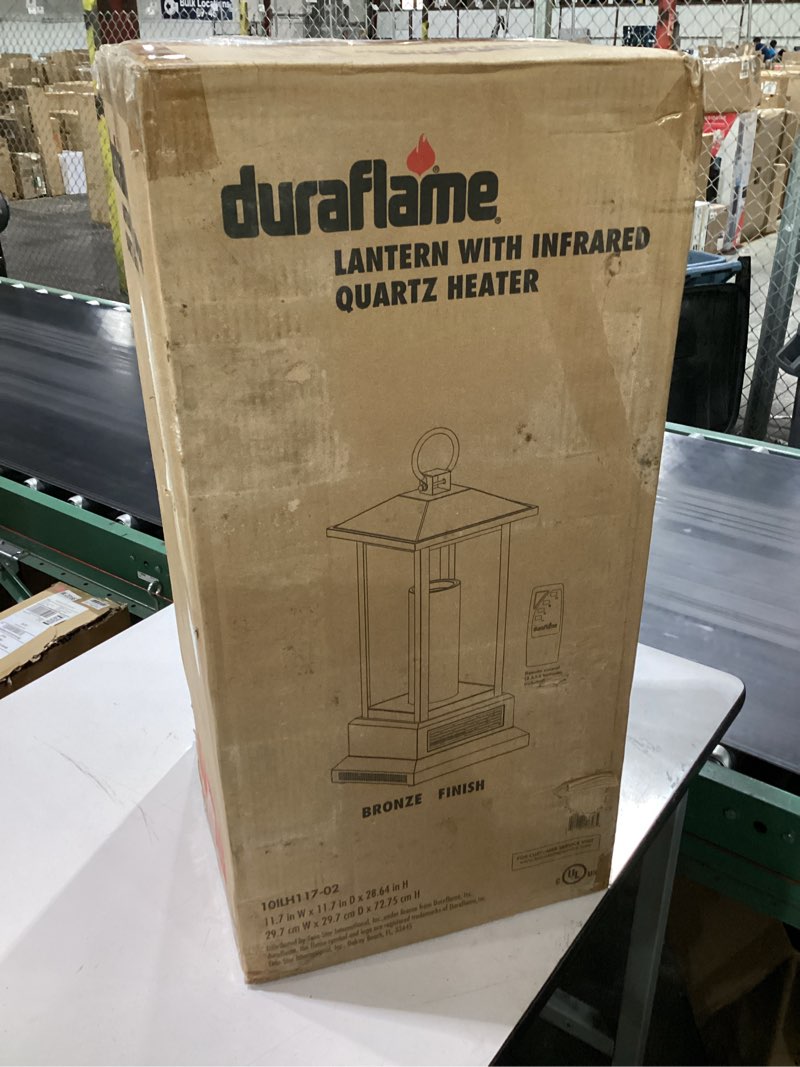 Condition photo showing New/Like New for 1,500-watt electric lantern infrared quartz space heater with remote control in bronze