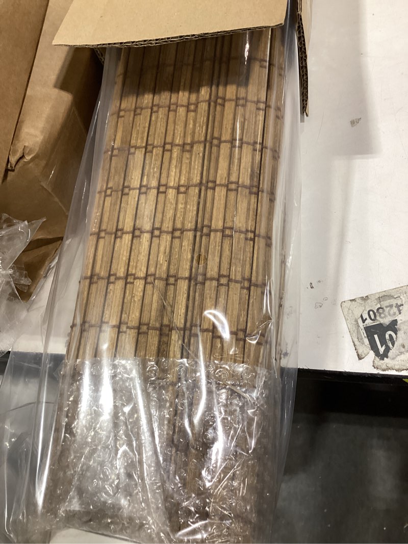 Condition photo showing New/Like New for lazblinds cordless bamboo roman shades, privacy blinds for interior windows, room darkening roll up bamboo blinds for home & patio, 22.5" w x 48" h, highfield teak pricacy - highfield teak 22 1/2" w x 48" h