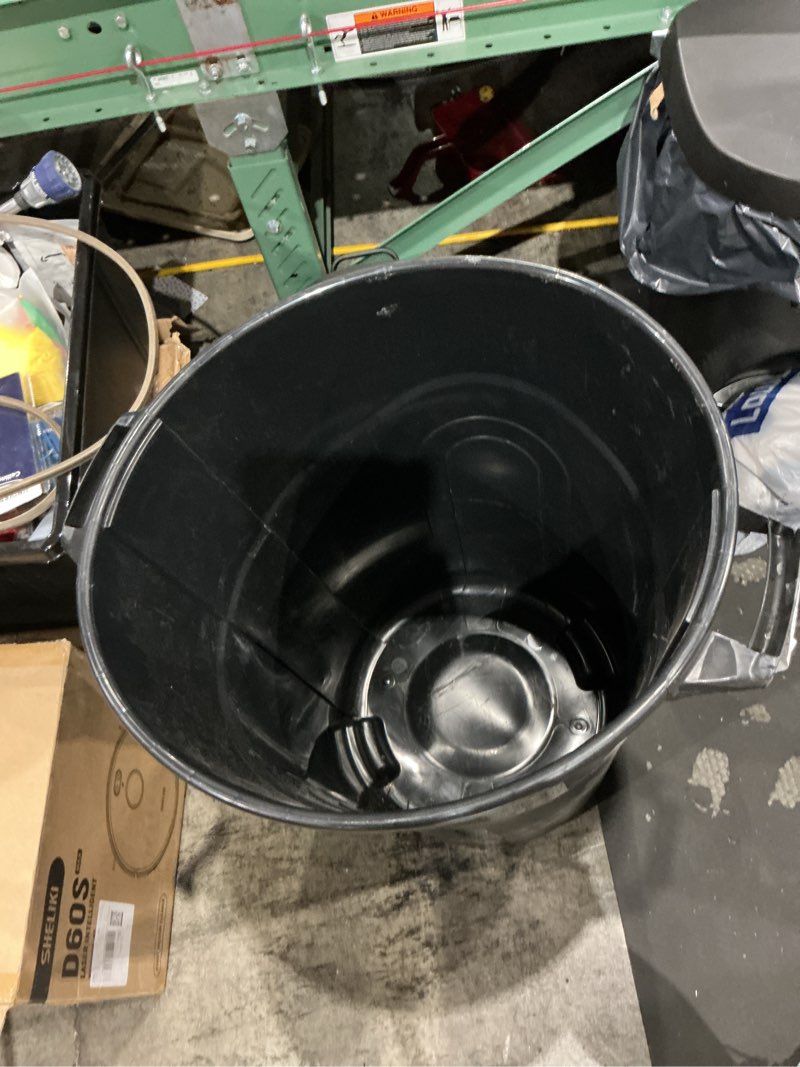 Condition photo showing As Is for project source 32-gallon black plastic outdoor detached lid trash can