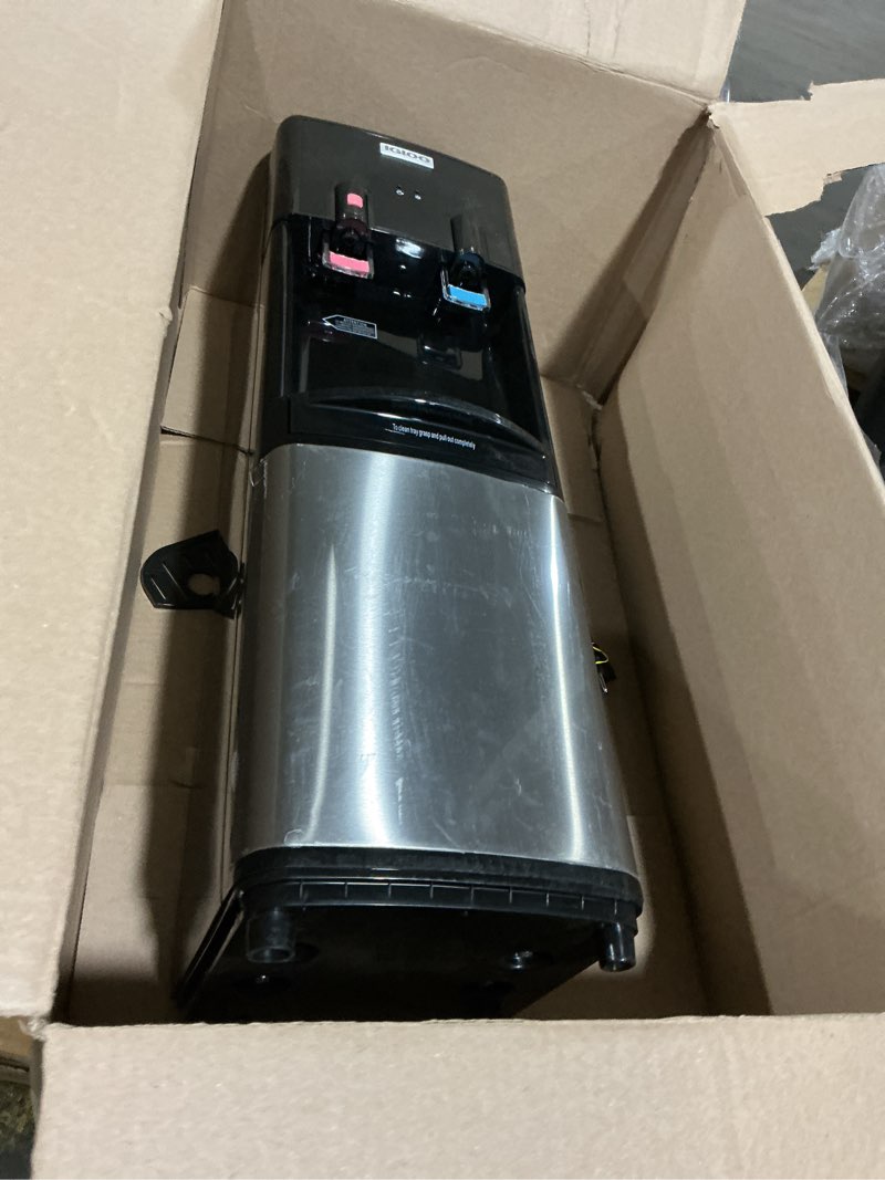 Condition photo showing As Is for megachef stainless steel bottom load hot and cold water dispenser 5 gallon water cooler