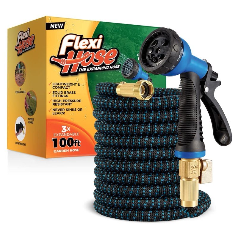 flexi hose expandable garden hose with 8 function nozzle, 50ft - lightweight retractable garden hose, water hose - no-kink flexibility, 3/4 inch solid brass fittings and double latex core