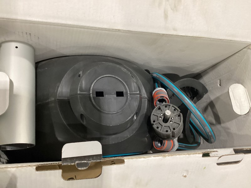 Condition photo showing As Is for gardena garden hose box rollup m (white) 20 m: swivel hose box, integral hose guide, including 20 m gardena hose, mounting rod and mounting kit (18616-20) garden hose boxe 20m