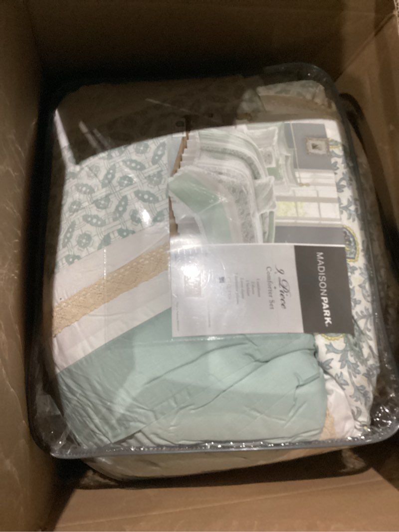 Condition photo showing Good Condition for madison park dawn 100% cotton shabby chic comforter set-modern cottage design all season down alternative bedding, matching shams, bedskirt, decorative pillows, king(104"x92"), aqua 9 piece aqua king