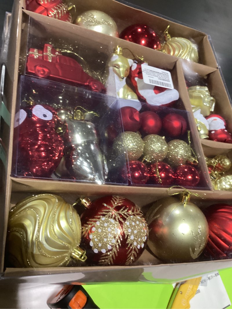 Condition photo showing As Is for 75Ct Red and Gold Woodland Christmas Ornaments Set, Forest Theme Christmas Tree Decorations Collection Shatterproof Assorted Gnome Fox Owl Xmas Ball Ornaments for Holiday Home Party (Red&Gold) Red & Gold