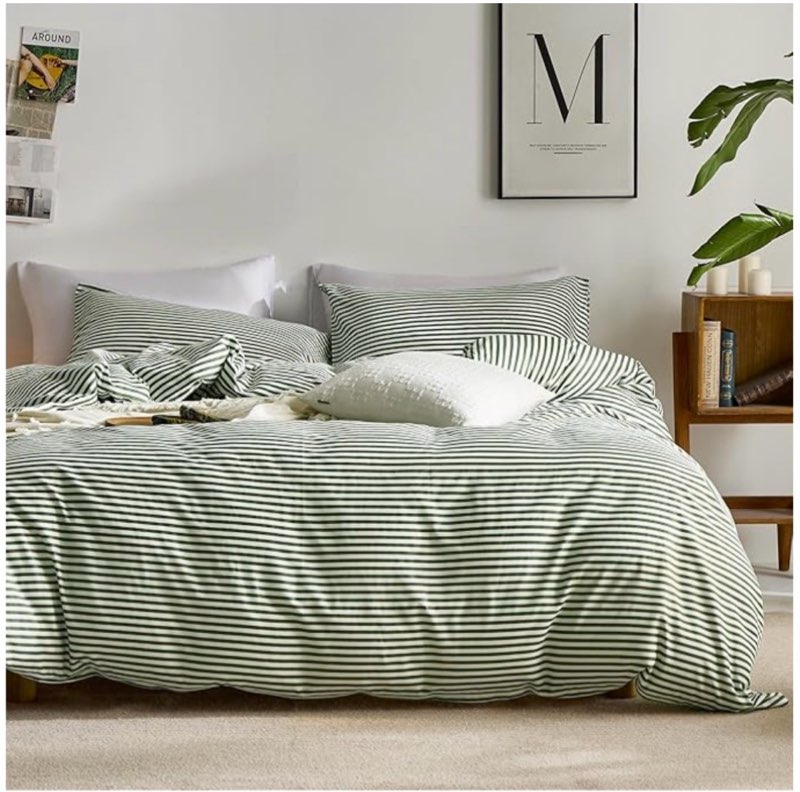 JELLYMONI 100% Natural Cotton 3pcs Striped Duvet Cover Sets,White with Green Stripes Pattern Printed Comforter Cover,with Zipper Closure & Corner Ties(Queen Size)