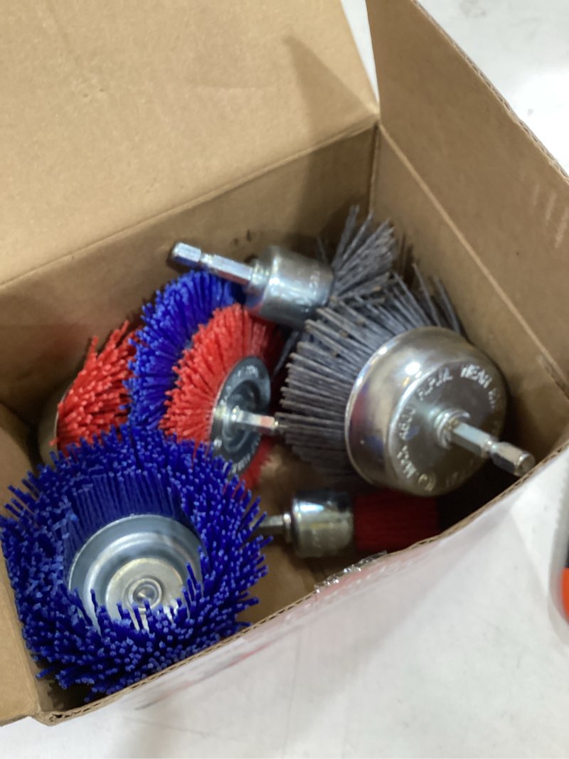 Condition photo showing New/Like New for rocaris 9 pack nylon filament abrasive wire brush wheel & cup brush set with 1/4 inch hex shank, for removal of rust/corrosion/paint - 80 grit, 120 grit, 240 grit