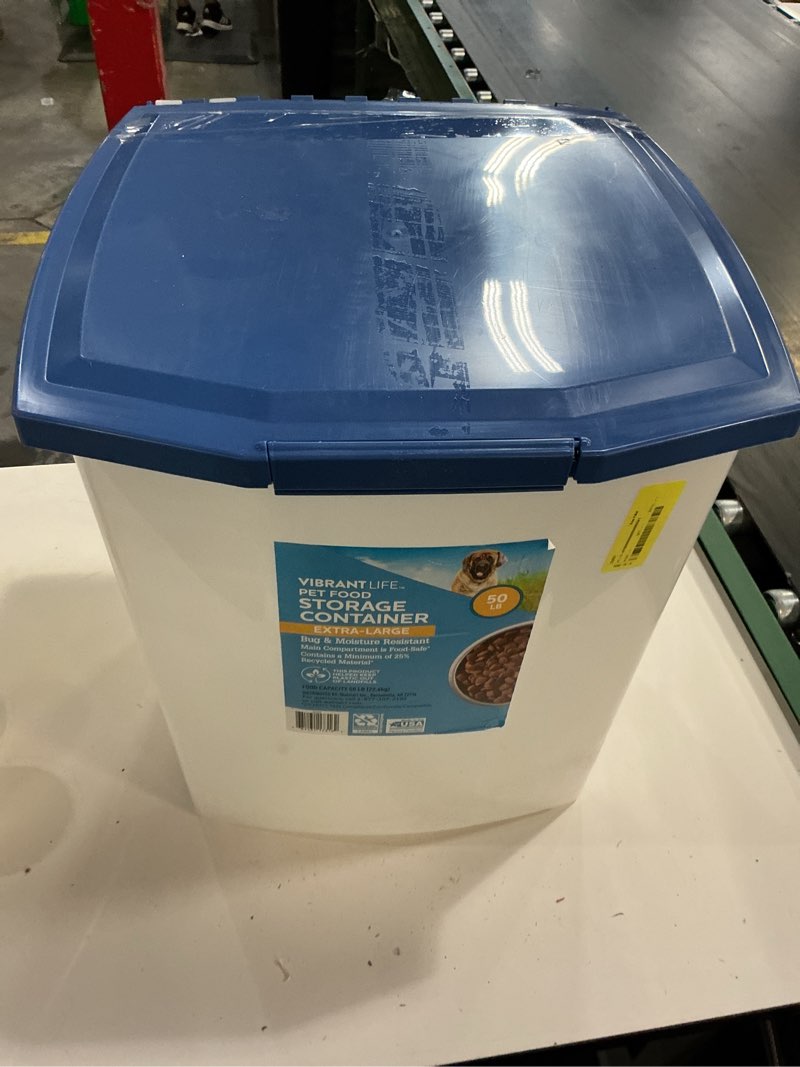 Condition photo showing As Is for vibrant life plastic pet food storage container with locking lid, extra-large, 50 lb