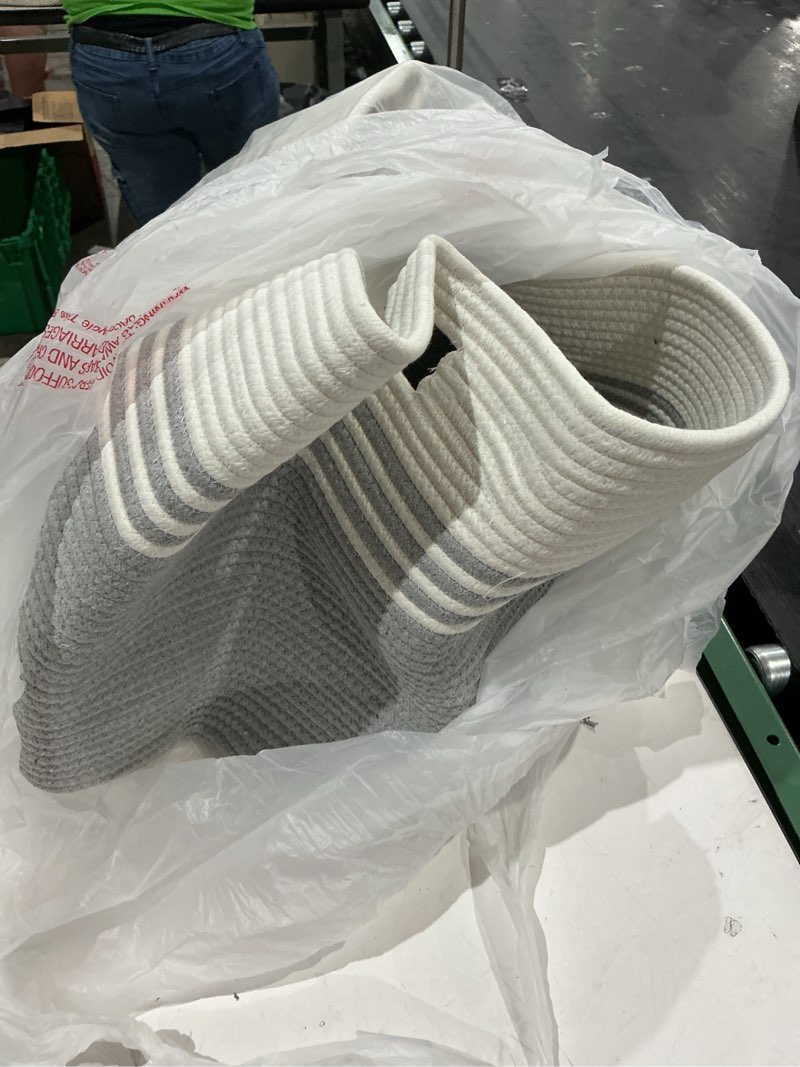 Condition photo showing As Is for 100l extra large laundry basket with leather handles for living room storage, woven rope baskets for blanket, kids toy, gifts, wicker hamper for bedroom dirty clothes, 24"x16"x16" white grey grey 100l