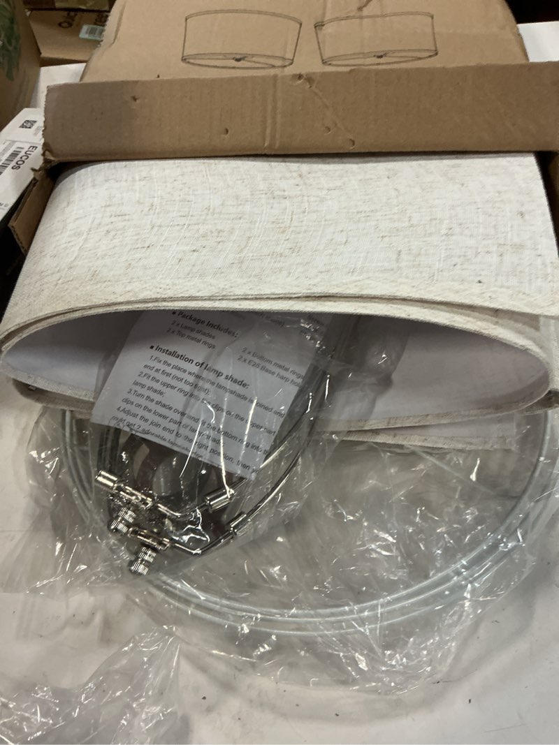 Condition photo showing Good Condition for Lampshades Set of 2, Drum Lampshades 11.6" Top x 12.6" Bottom x 9.8" High, Seaside village Medium Lampshades (Spider Fitter), Beige Lampshades Natural Linen Hand Crafted, Easy Assembly Required