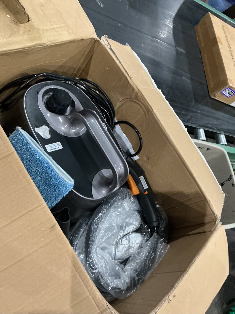 Condition photo showing As Is for carpet steam cleaner for home, 293°f 58 psi powerful multipurpose handheld steam mop, 21 attachments, 50oz capacity, heavy duty steamer for carpets, floors, cars, tiles, crack cleaning, turquoise 1.5l dark gary