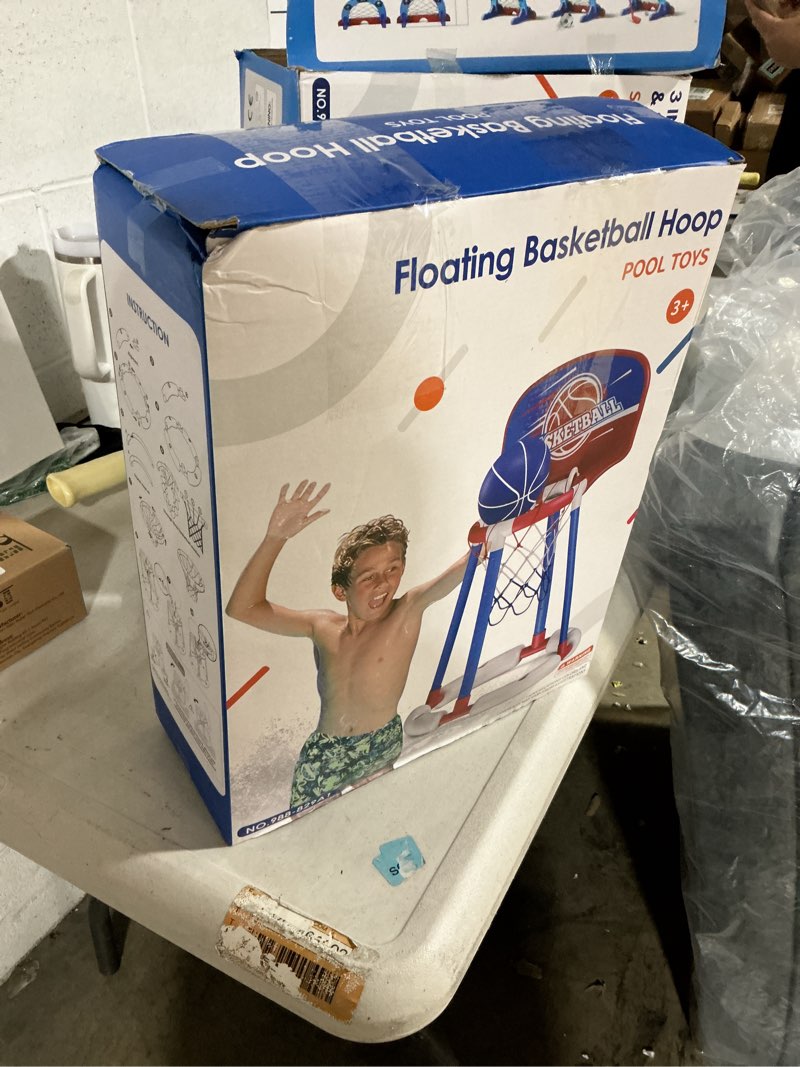Condition photo showing New/Like New for pool basketball hoop poolside with backboard, floating pool toys with 4 basketballs/4 water balloons/pump, swimming pool games for kids & adults indoor outdoor play, red
