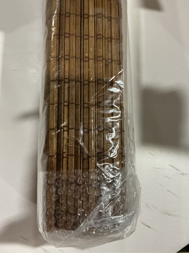 Condition photo showing As Is for LazBlinds Cordless Bamboo Roman Shades, Privacy Blinds for Interior Windows, Room Darkening Roll Up Bamboo Blinds for Home & Patio, 28" W x 64" H, Highfield Teak Pricacy - Highfield Teak 28" W x 64" H