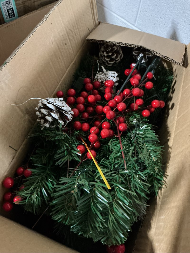 Condition photo showing Good Condition for pre-lit artificial christmas urn filler | flocked with mixed decorations and pre-strung white warm led lights with tripod stake | outdoor light up holiday home decor