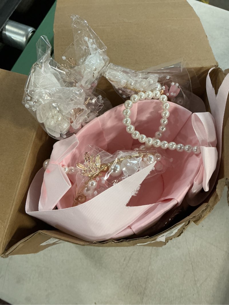 Condition photo showing Good Condition for wedding flower girl basket with headpiece set of 4 pink flower girl basket with pearl handle ribbon bow, wedding crown princess crystal pearl hair accessories for ceremony, birthday party