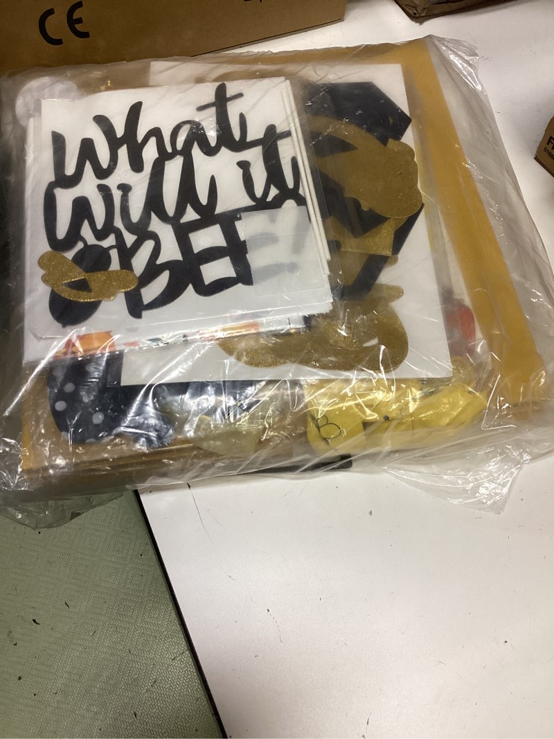 Condition photo showing New/Like New for what will it bee gender reveal party decorations, bumble bee baby shower supplies include banner, tablecloth, backdrop, balloons, boxes, topper, honey bumble bee theme party decorations