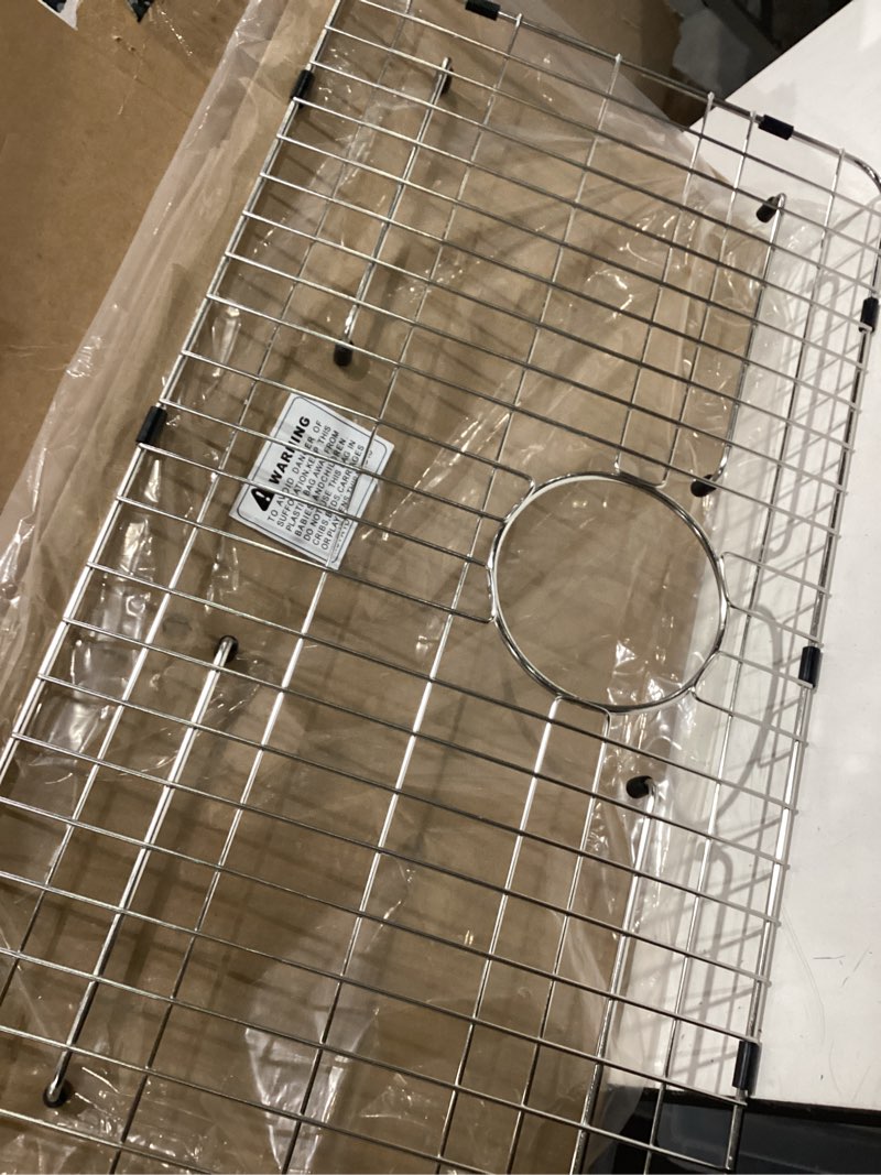 Condition photo showing Good Condition for awoke sink rack for bottom of sink, sink protectors for kitchen sink, 304 stainless steel heavy duty metal wire grate for single bowl farmhouse sink bottom,soft rubber feet (26×14 rear) rear 26×14