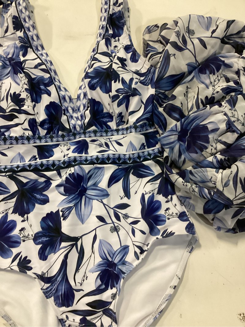 Condition photo showing Good Condition for flaxmaker blue and white v neck lace up strip plant prints one piece swimsuit and skirt/sarong blue #1 swim and skirt small