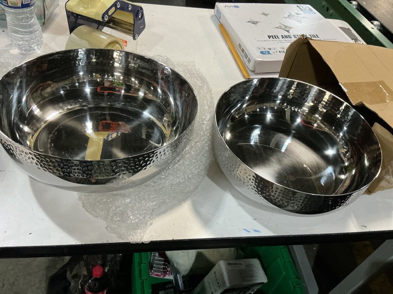 Condition photo showing As Is for honeydak 2 pack stainless steel hammered salad bowl 118oz & 152oz large metal serving mixing bowl decorative for popcorn fruit kitchen cooking baking salad prep food storage