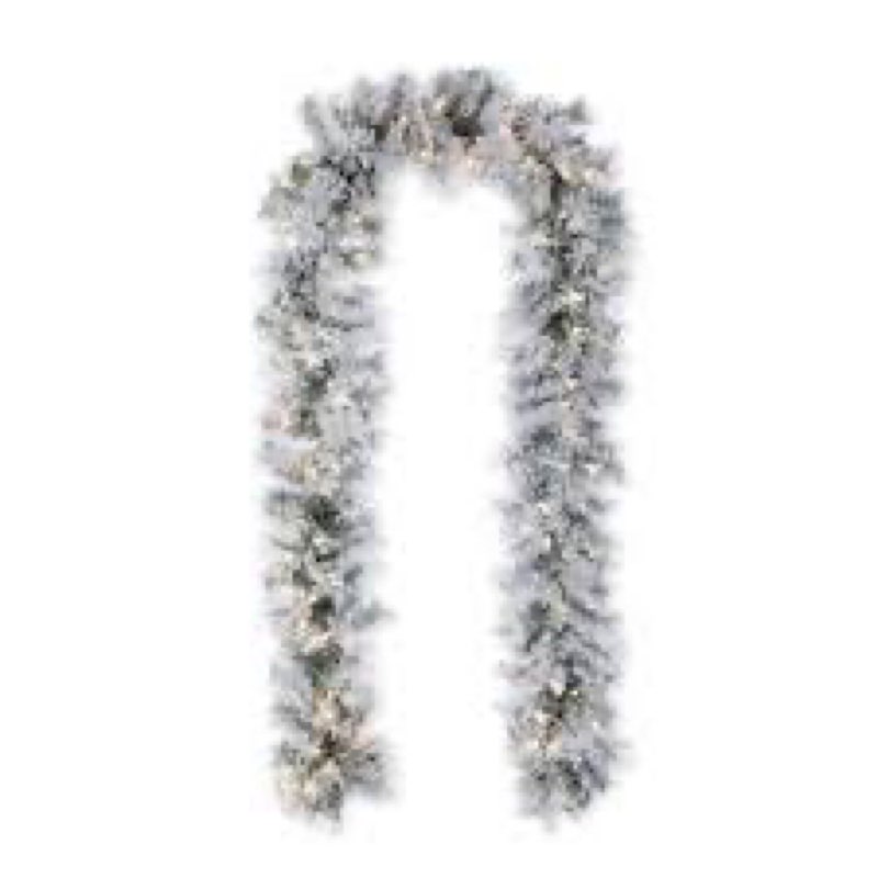 Glitzhome 9ft Prelit Christmas Garland for Mantle, Snow Flocked Artificial Pine Garland with Warm Wh