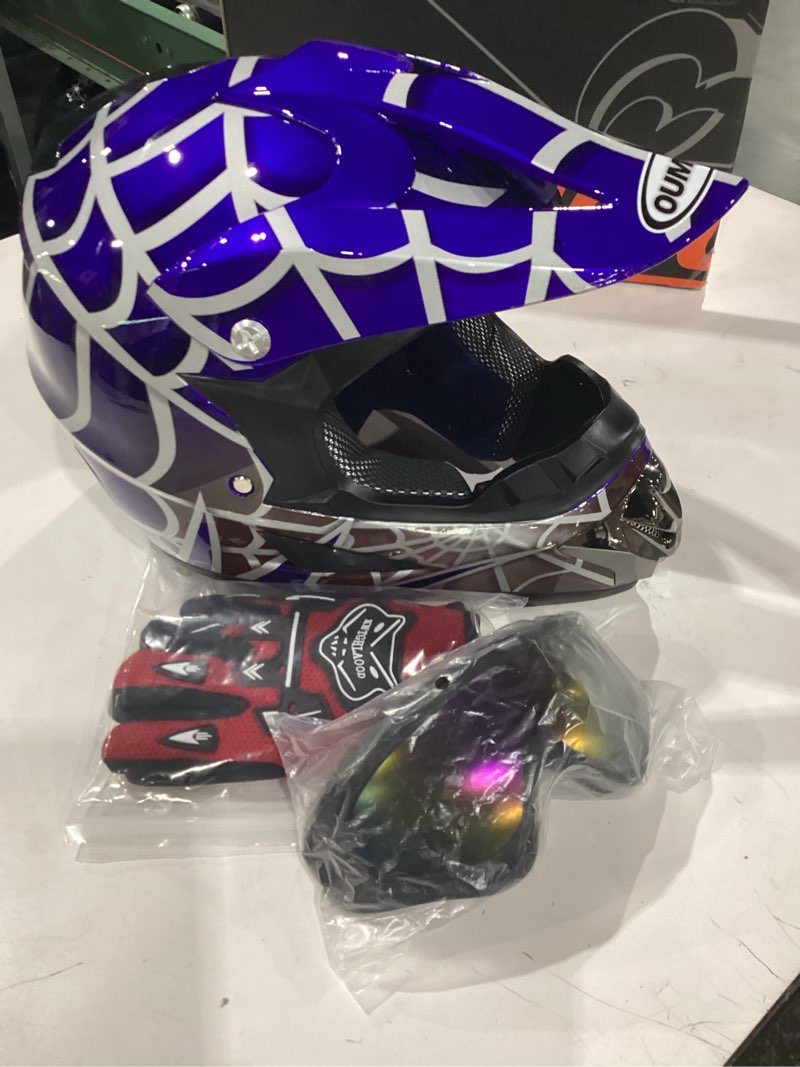 Condition photo showing New/Like New for youth dirt bike helmet dot certified for boys & girls ages 5-14, four wheeler, motocross, bmx, mx, utv, go kart, racing, skateboard, baseball blue cobweb medium