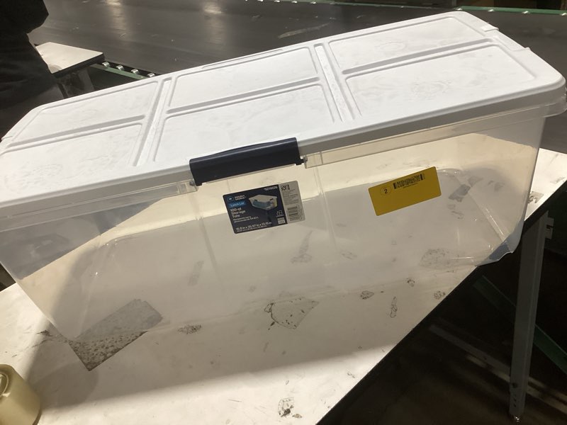 Condition photo showing As Is for 500+ bought last week project source x-large 25 -gallons ( 100 -quarts ) clear/white stackable tote with latching lid