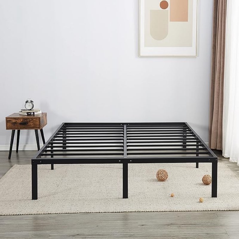 Metal Bed Frame Queen, Queen Bed Frame,Metal 14 Inch Platform Base Foundation Heavy Duty Slats Support Easy Assembly Noise Free No Box Spring Needed Bedframe 12” Queen Size, Black