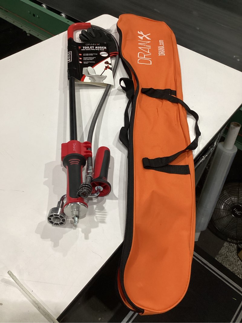 Condition photo showing New/Like New for drainx swivel-head toilet auger drain plumbing snake | use with drill or manually, drop head for t-junction pipes, plastic guard for porcelain protection