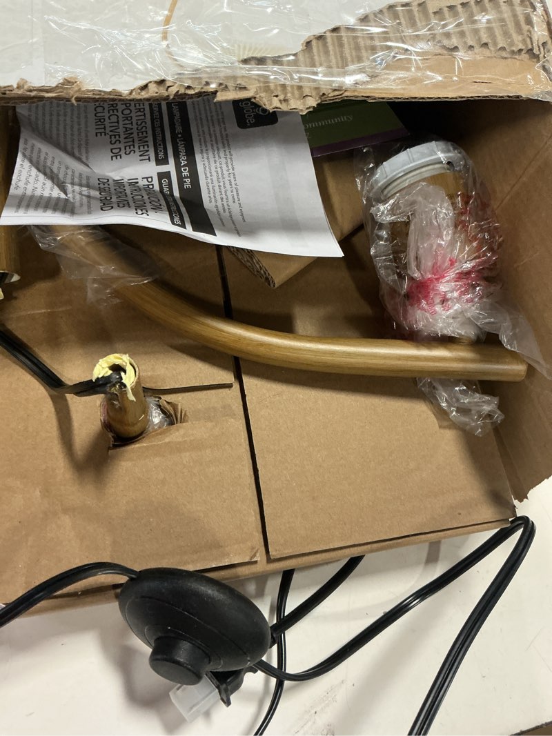 Condition photo showing As Is for GLOBE Electric x Novogratz 61000043 62" Floor Lamp, Wood Toned, White Pleated Shade, Pivot Joint on Shade, On/Off Foot Switch, Black Cord, Modern Lighting for Living Room or Office Wood Toned, Evangeline