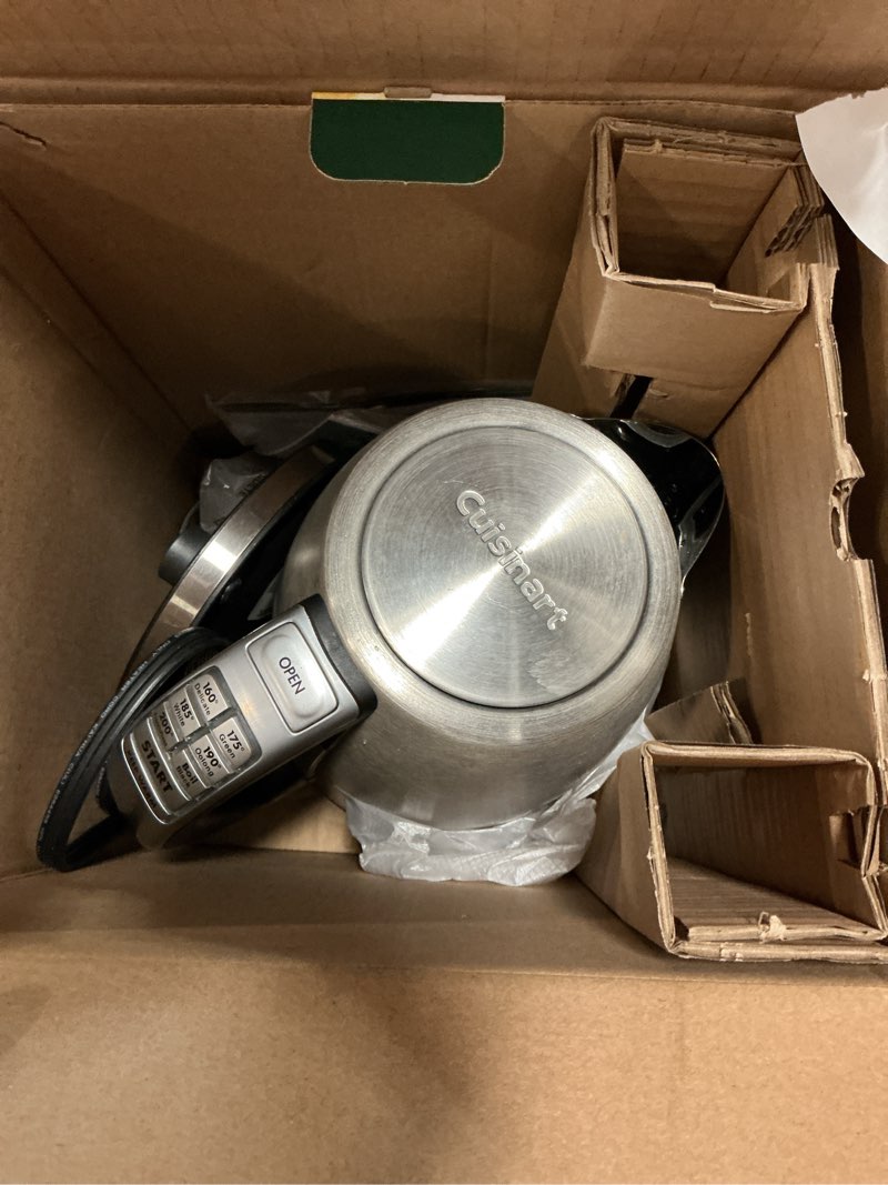 Condition photo showing As Is for cuisinart perfectemp 1.7-liter electric kettle, cordless electric tea kettle, 1500w for fast heat-up, 6 preset temperatures, 30-minute keep warm, stay cool nonslip handle, cpk-17p1 stainless steel perfectemp