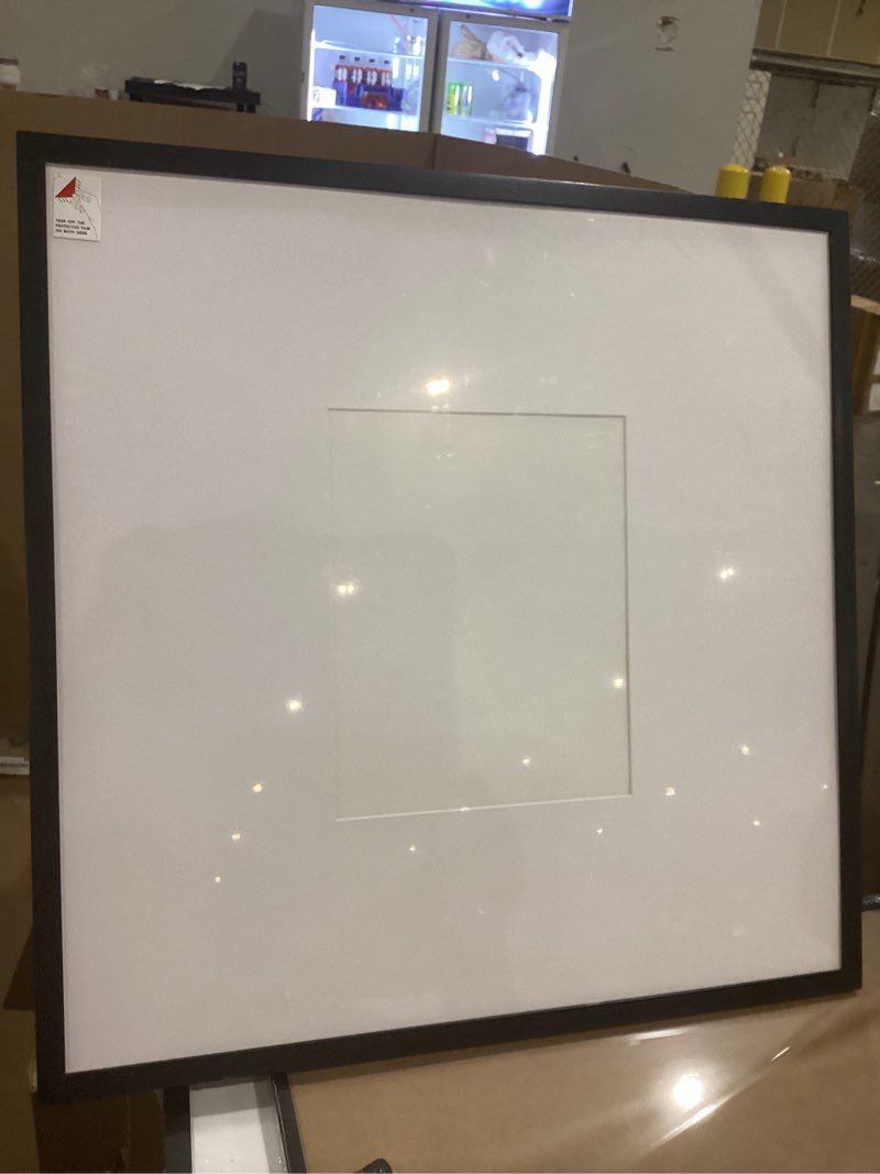 Condition photo showing As Is for hoikwo 20x20 black plastic frame with plastic cover, display pictures 8x10 with mat or 20x20 without mat, 1 pack 20 by 20 frame for wall hanging 20x20 matted to 8x10 black