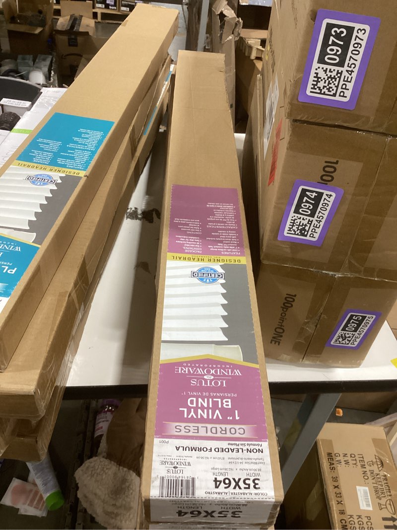 Condition photo showing New/Like New for LOTUS & WINDOWARE Cordless Mini Blind, 1" Vinyl Slats, 35" Wide x 64" Long - Alabaster, Window Blinds for Home and Office, Interior Door Blinds - Light Filtering 35"W x 64"H Alabaster