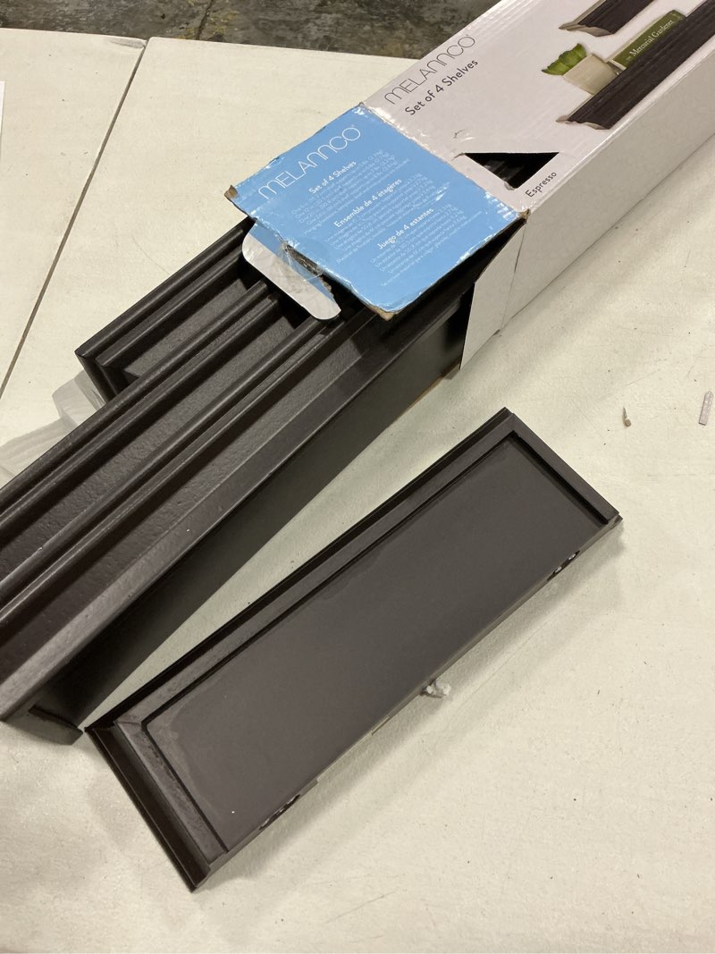 Condition photo showing Good Condition for melannco floating wall shelves for bedroom, living room, bathroom, kitchen, nursery, set of 4, black, 4 count black set of 4 (24, 20, 12, 6 inch) arlington