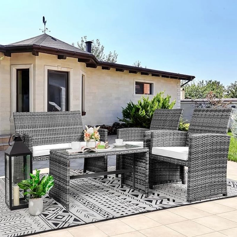 Vongrasig 4 Piece Patio Furniture Set Small Outdoor Wicker Rattan Front Porch Bistro Set Cushioned Patio Chairs Conversation Set with Glass Table for Lawn, Garden, Backyard, Balcony, Poolside (Beige)