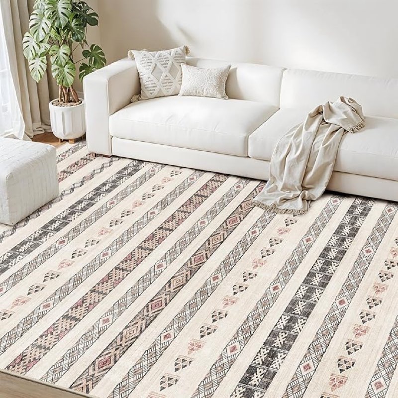 Puino 10x14 Washable Area Rug: Moroccan Large Neutral Boho Area Rug for Living Room & Bedroom Geomet