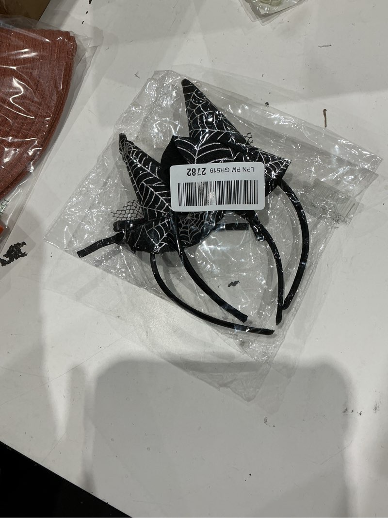 Condition photo showing Good Condition for 2 pcs halloween headbands, magic mini pointy witch hat spider web bow tie headbands for halloween christmas cosplay masquerade costume dress up party accessories(black)
