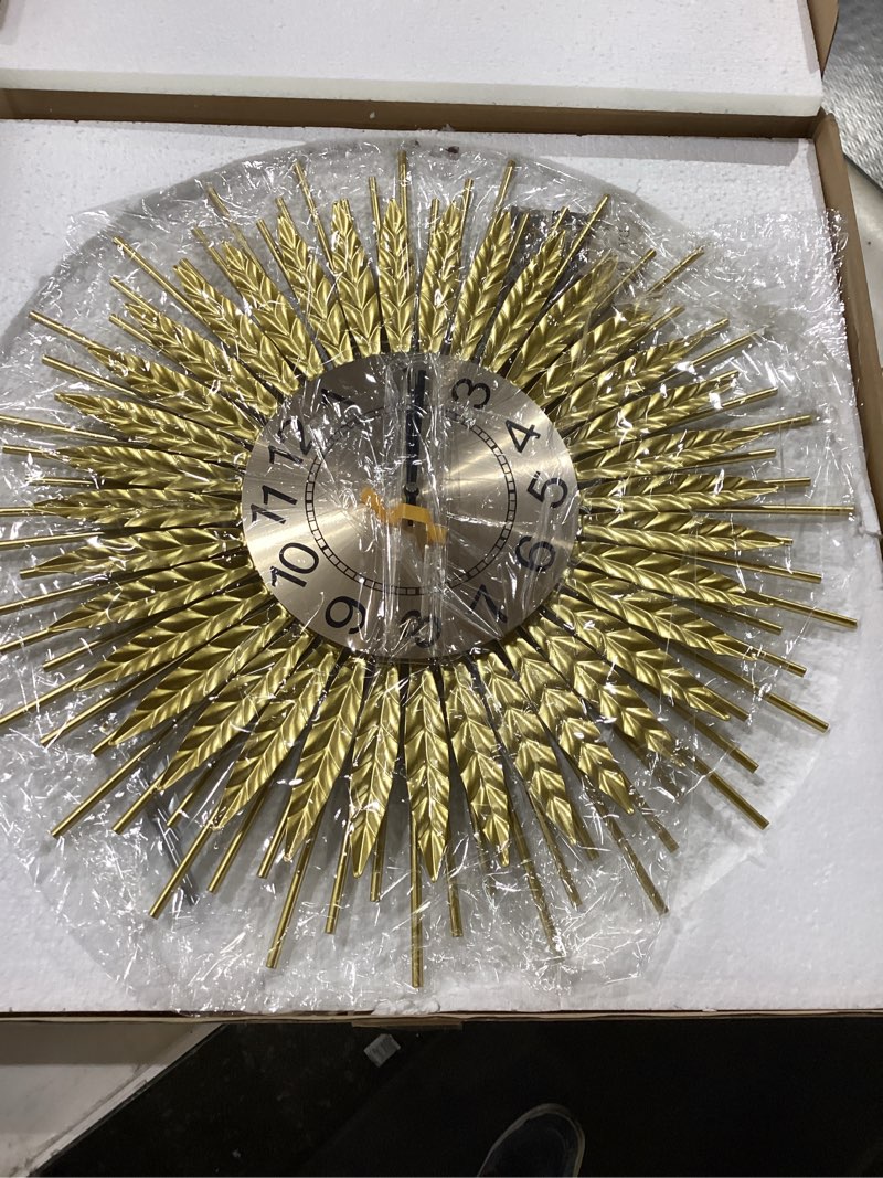 Condition photo showing New/Like New for Modern Large Wall Clock Decorative Metal Mid Century Wall Clocks, Gold Big Silent Non-Ticking Clock, Modern Handmade Home Art Decor for Living Room, Bedroom, Dining Room, 24 Inch 1. Gold-Wheat 24In(60cm)
