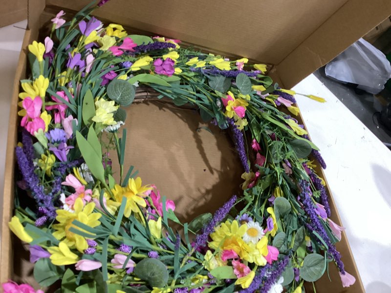 Condition photo showing Good Condition for j'floru spring wreath 24 inch summer wreaths for front door artificial flower wreath with daisy and lavender for indoor outdoor and easter celebration