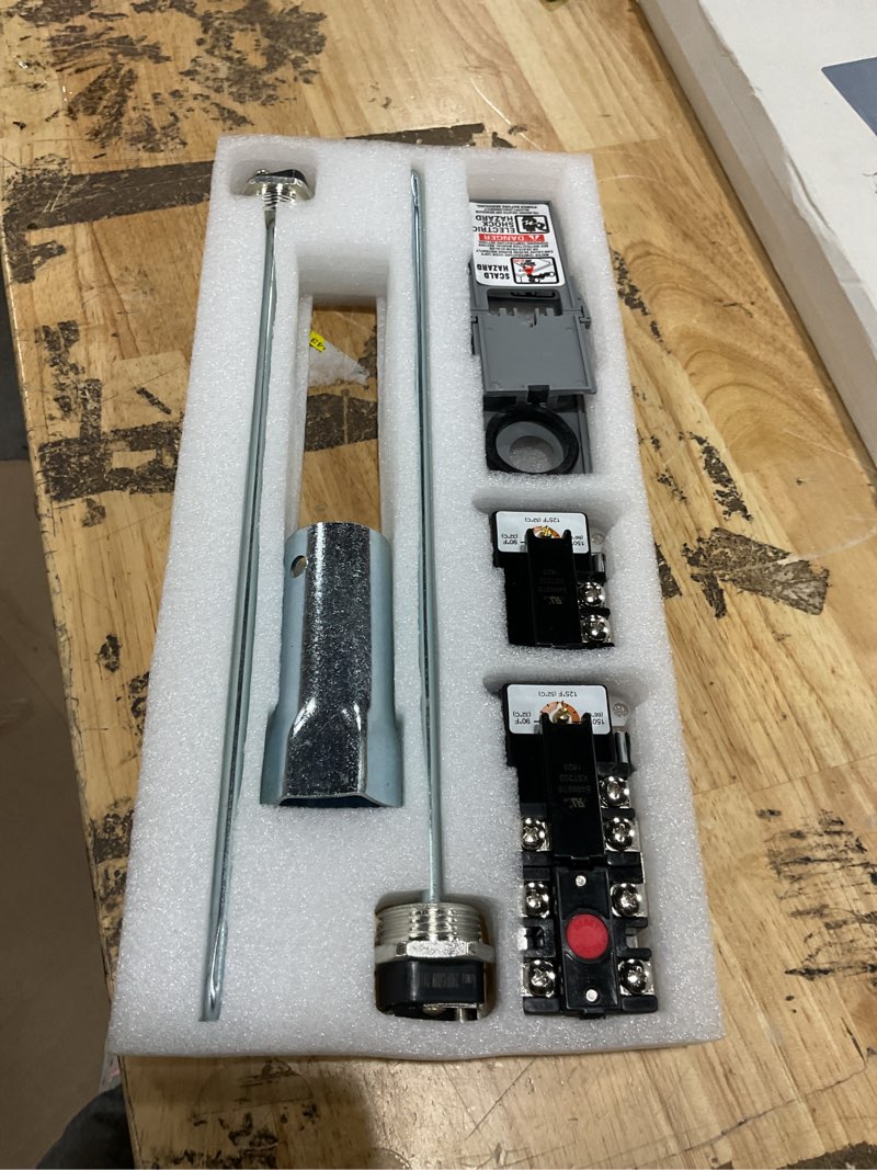Condition photo showing As Is for long term ewh-05 electric water heater tune-up kit, includes 4500w 240v water heater elements, upper thermostat, lower thermostat, protective covers, elements gaskets, quick change tool, two wrench ewh-05 ewh-05 1 ewh-05