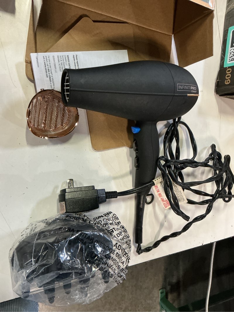 Condition photo showing As Is for infiniti pro by conair hair dryer, 1875w blow dryer with diffuser and concentrator, ceramic technology, 3 heat & 2 speed settings, cold shot button, black black with bonus diffuser & concentrator