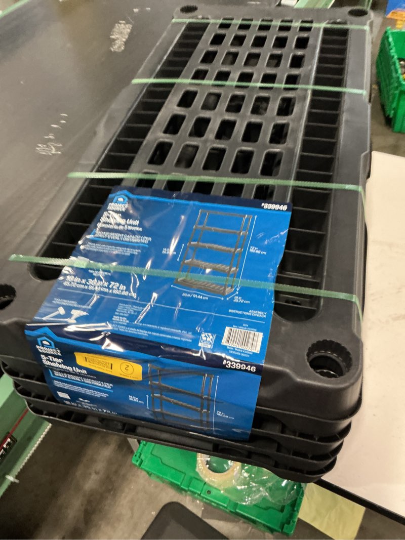Condition photo showing As Is for project source plastic heavy duty 5-tier utility shelving unit (36-in w x 18-in d x 72-in h), black, (150-lb capacity per shelf)