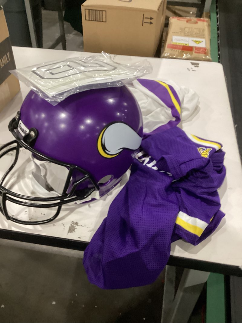 Condition photo showing As Is for Franklin Sports NFL Youth Football Uniform Set for Boys & Girls - Includes Helmet, Jersey & Pants with Chinstrap + Numbers Minnesota Vikings Small