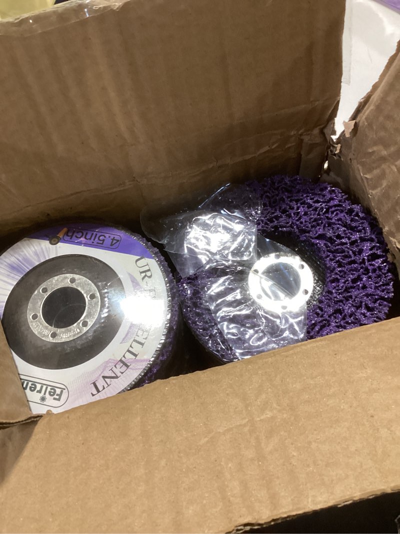 Condition photo showing As Is for 12pcs strip discs stripping wheel, 4-1/2"x 7/8" inch stripping wheel for angle grinder clean and remove paint coating rust welds oxidation
