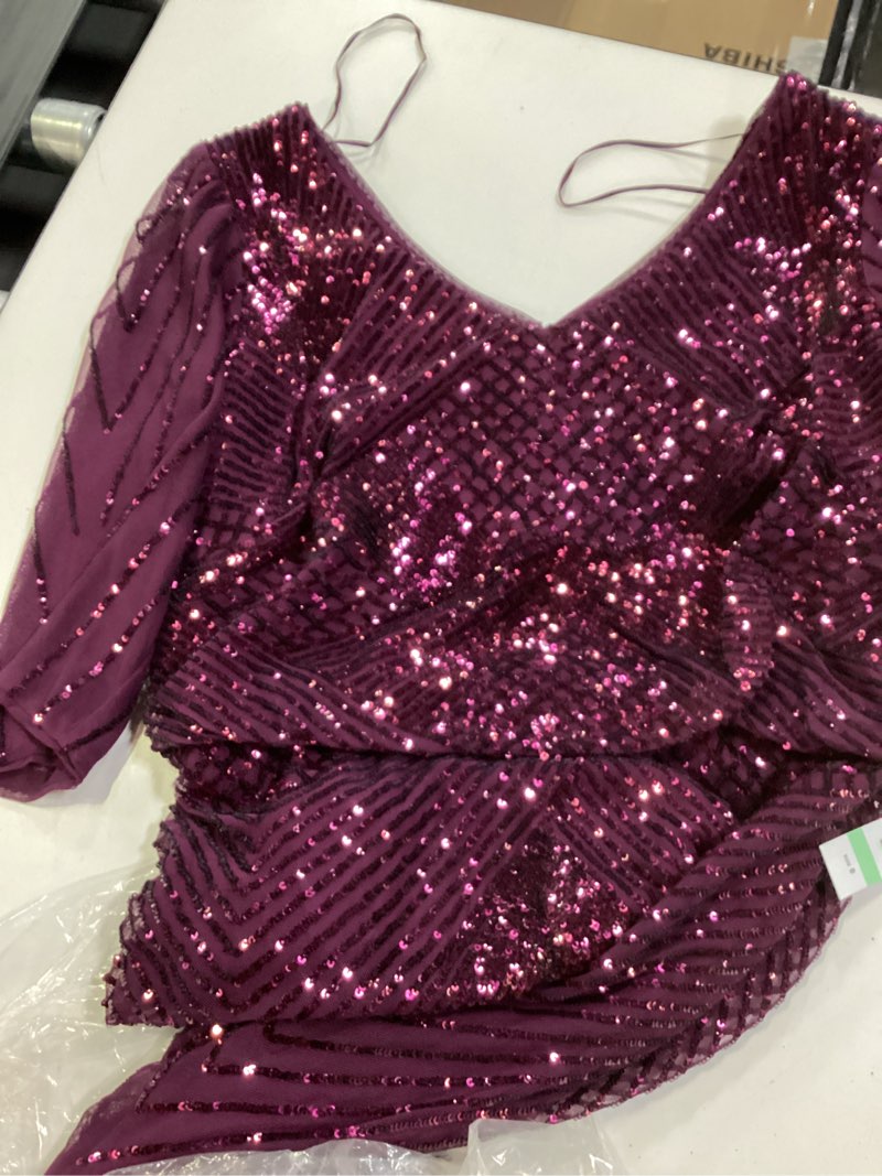 Condition photo showing Good Condition for r&m richards women's long sequin beaded blouson dress w/mesh godet inset & sheer sleeves - cocktail 