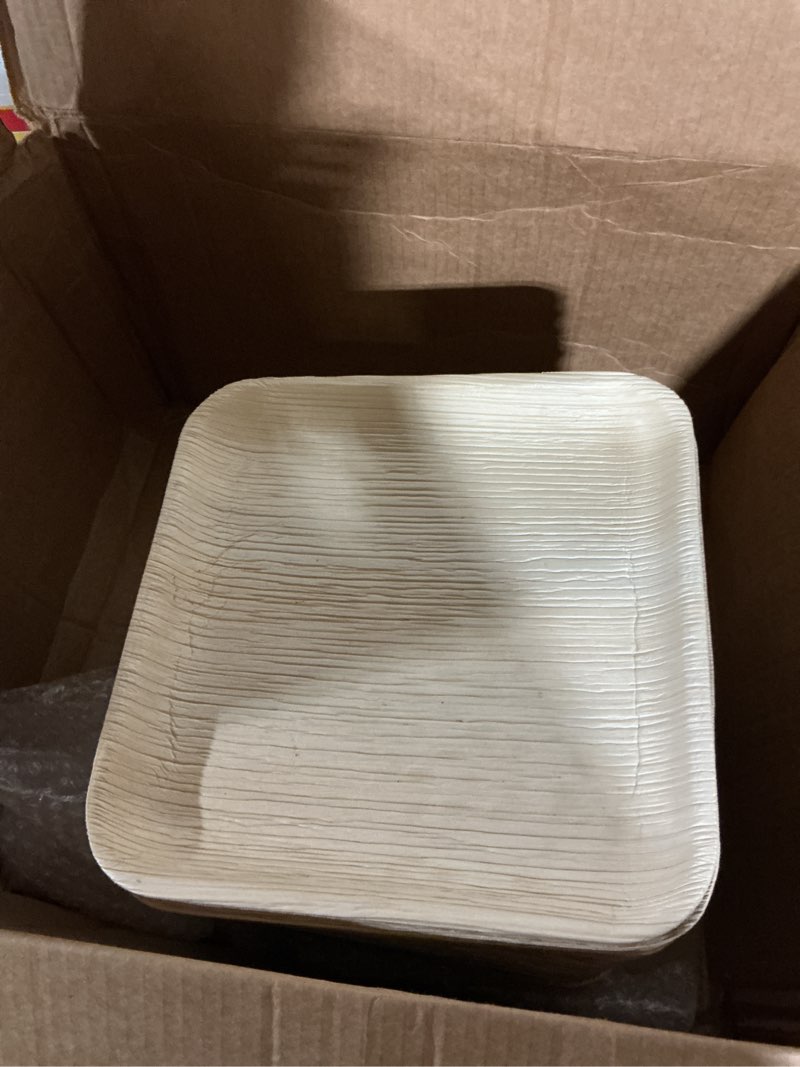 Condition photo showing As Is for chic leaf palm leaf plates disposable bamboo plates like 9 inch square party pack (50 pc) - heavy duty compostable plates - better than plastic and paper plates