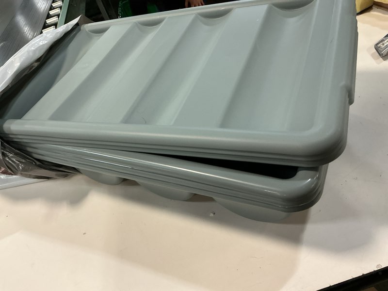 Condition photo showing Good Condition for Maxdot 3 Pcs 20.5 x 11.9 x 3.7 Inch Silverware Organizer with Lid, Commercial 4-compartment Restaurant Kitchen Cutlery Tray, Plastic Silverware Storage Container, Condiments Holder (Grayish Blue) Grayish Blue 3