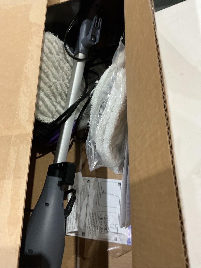 Condition photo showing As Is for scrub & steam mop with rotating mop pads, led headlights, 6 scrub pads, large tank, swivel steering, effortless scrubbing hard floor cleaner upgraded white