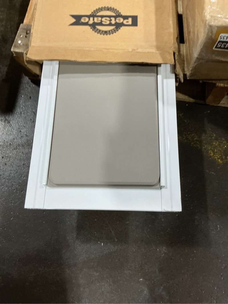 Condition photo showing As Is for petsafe sliding glass pet door - no-cut diy install doggy door for renters - aluminum frame - adjustable height 75 7/8" to 80 11/16" - ideal for medium dogs up to 40 lb - white 81" sliding door medium - standard white