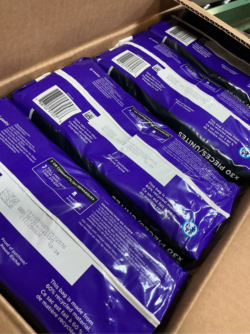 Condition photo showing New/Like New for (box of 4 pack)tena men overnight incontinence protective guard, bladder control, discrete, overnight absorbency, 30 count